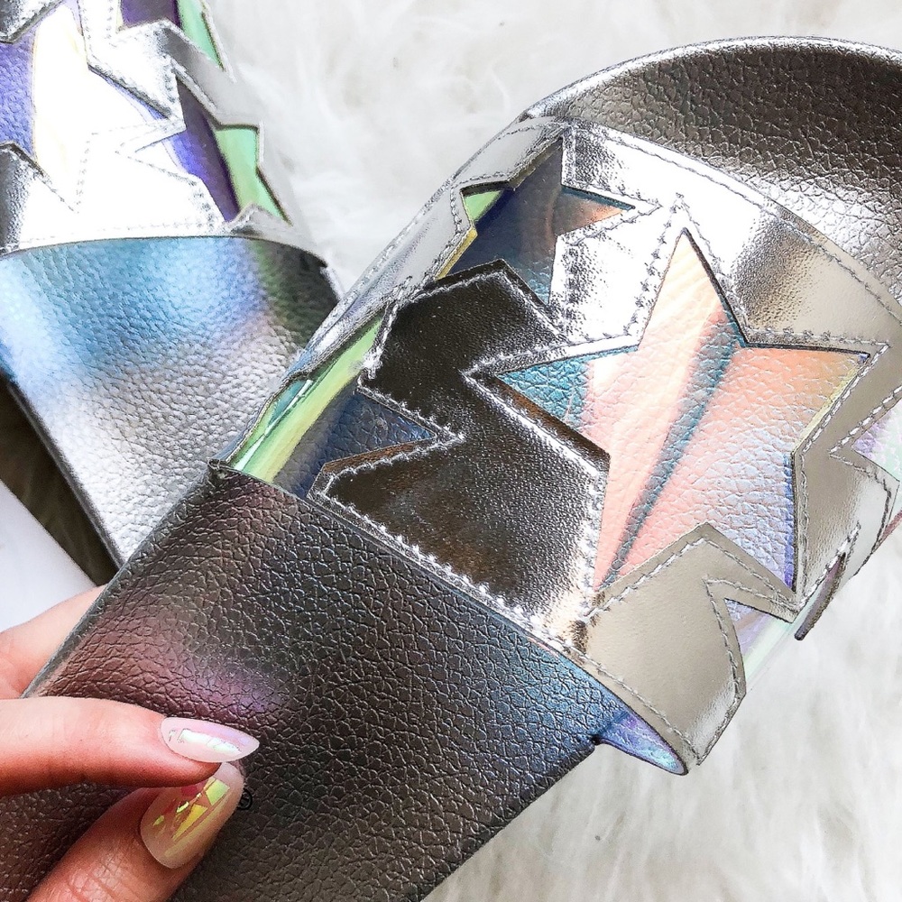 🎉HP🎉 Holographic/Clear Star Silver/Gray Slides Sandals - Picture 1 of 7
